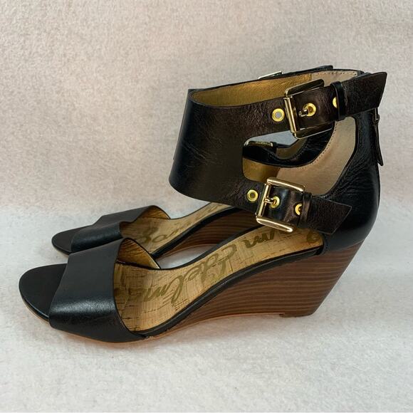 SAM EDELMAN Suzanna Leather Peep Toe Wedge Sandal Sz 8 Double Buckle Straps - Picture 1 of 13